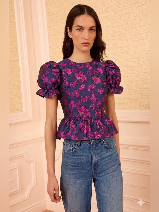 Aqua Tops - AQUA Navy Jacquar Peplum Top Size S